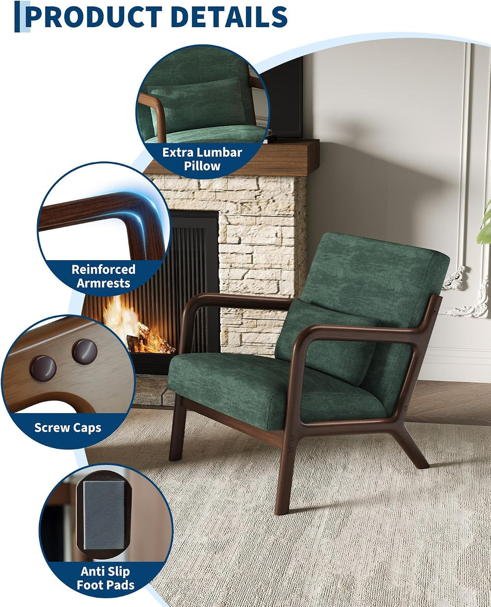 Garvee Mid Century Accent Chair, Upholstered Armchair with Lumbar Pillow