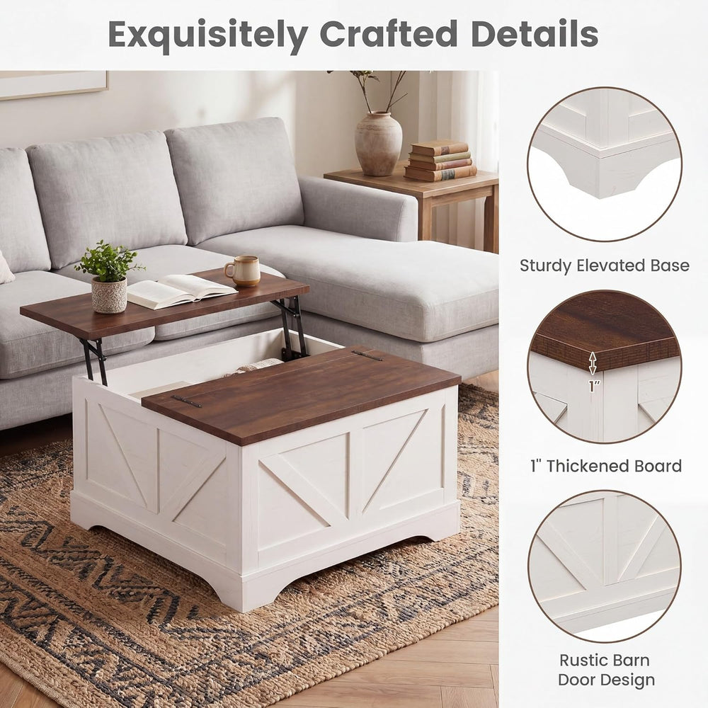 Tangkula Farmhouse Lift Top Coffee Table with Storage, Rustic Brown + White
