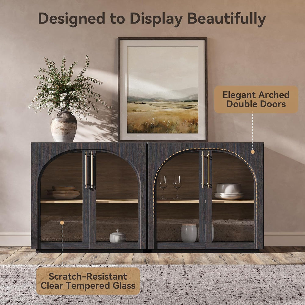 Buffet Cabinet with Glass Doors, 63'' W Arched Display Credenza