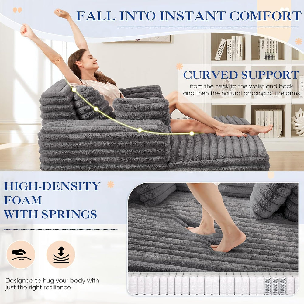 Oversized Chaise Lounge Indoor, Modern Plush Faux Fur Fabric Deep Seat Bonele...