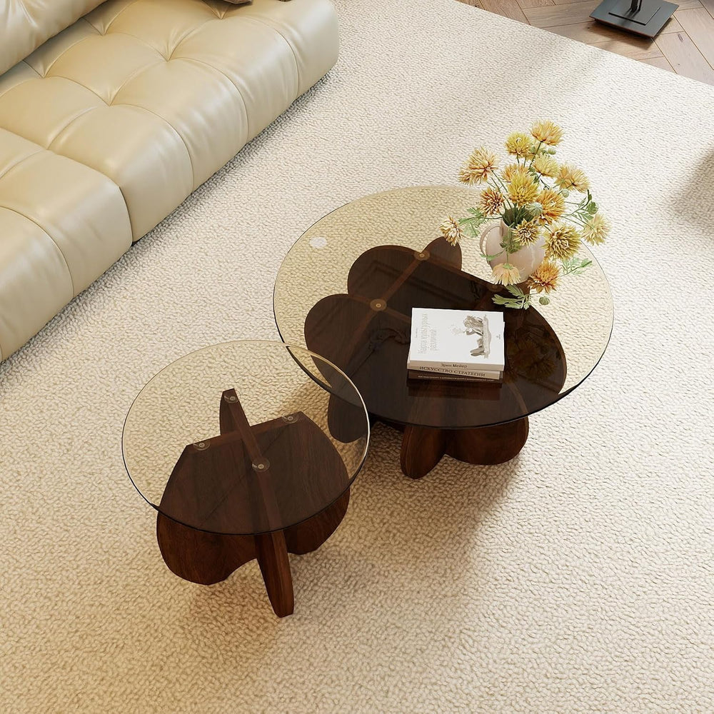 Shell-Shaped Coffee & Side Table with MDF Frame & Amber Tempered Glas...