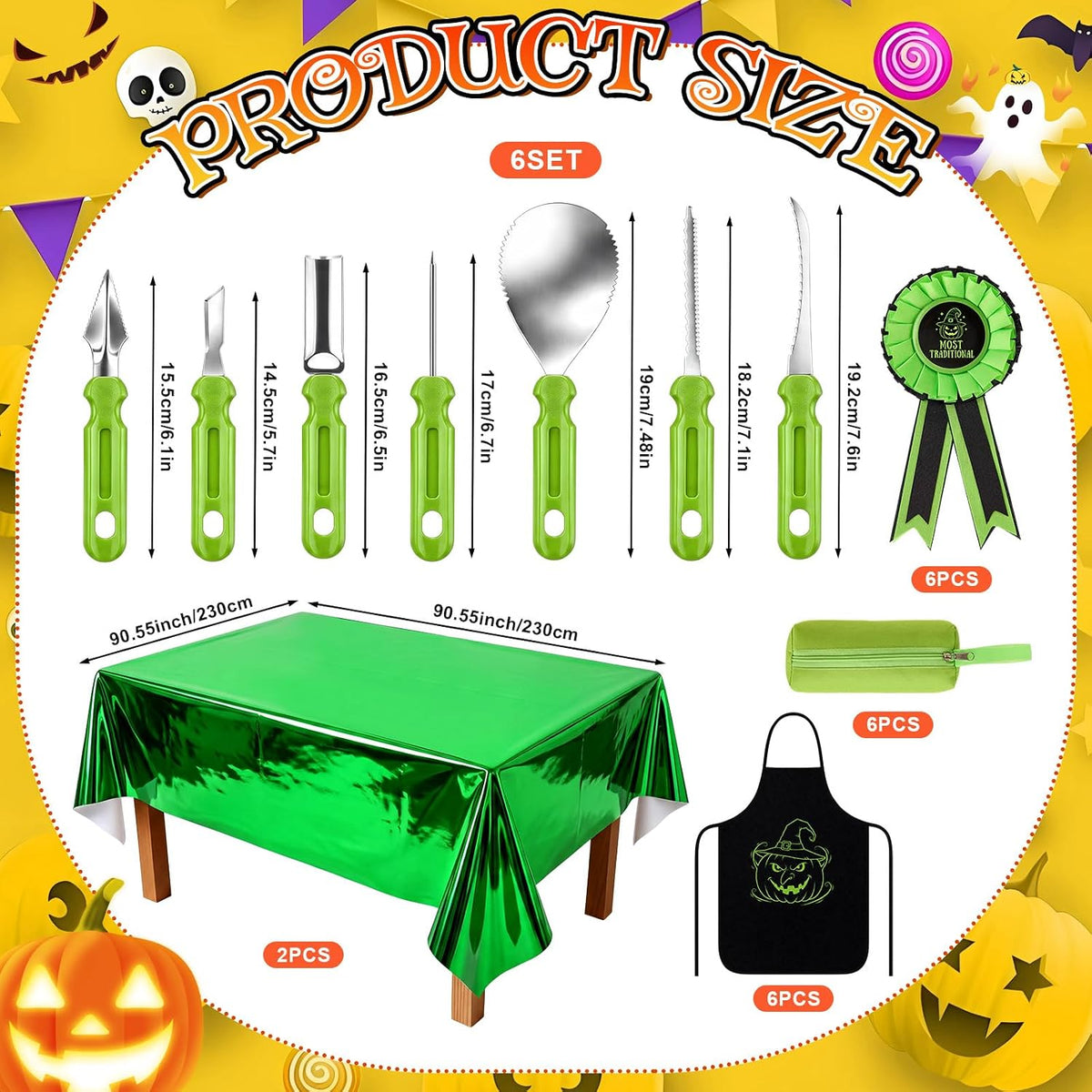 LemonRoad 20 Pcs Halloween Pumpkin Carving Kit Includes 6 Carving Tools, 2 Tablecloth, 6 Awards Ribbon, 6 Apron, Halloween Decor for Pumpkin Party supplies