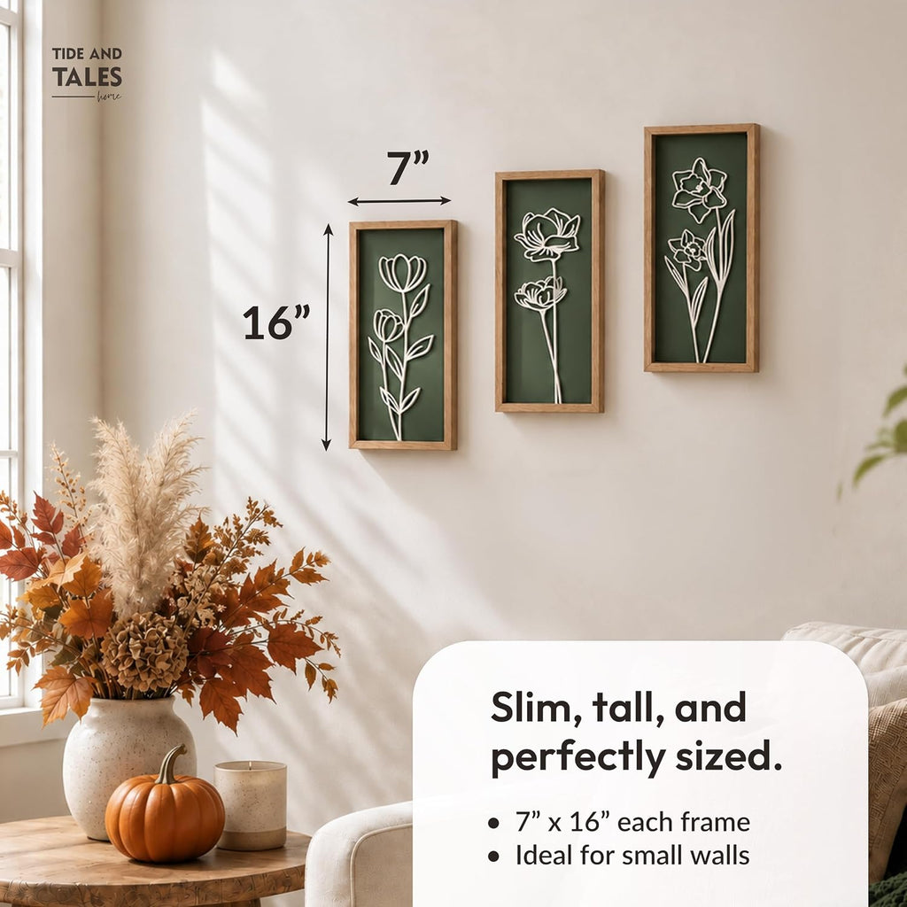 Tide and Tales 3d Green Wall Art, Wooden Botanical Wall Decor, Set of 3