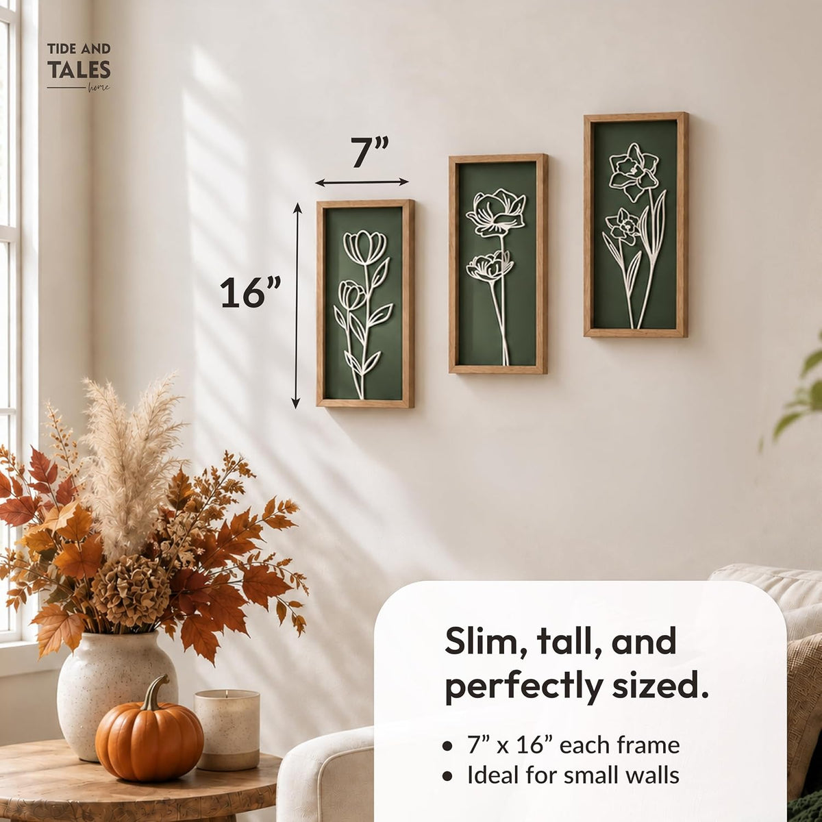 Tide and Tales 3d Green Wall Art, Wooden Botanical Wall Decor, Set of 3