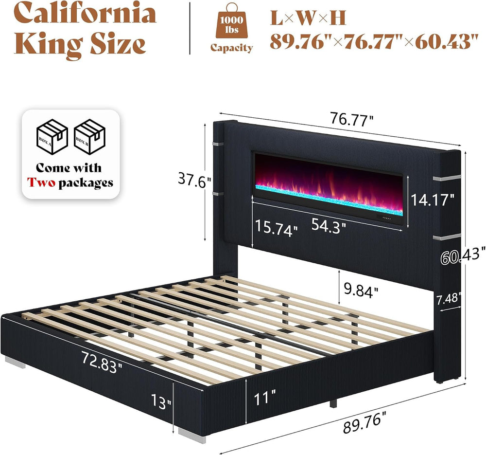 AMERLIFE Cal King Fireplace Bed Frame, Upholstered Headboard, Black