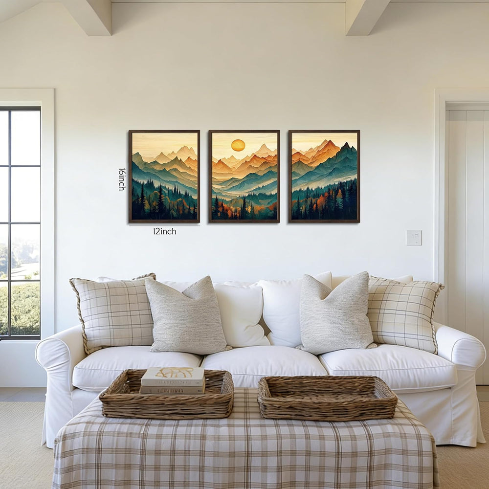 Mountain Wall Art Set of 3, Landscape Wall Decor, Teal Orange Forest Canvas P...