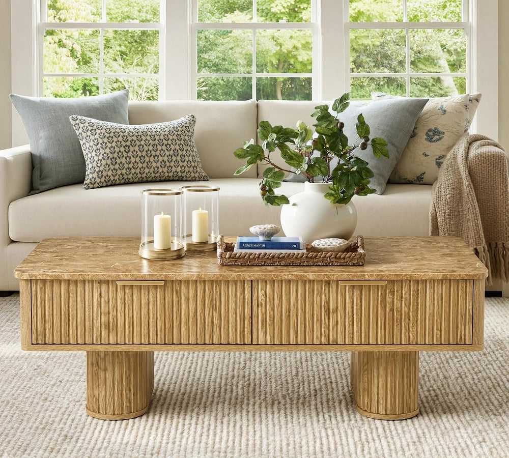 win2win Rectangle Coffee Table with Storage, Faux Marble Top, Boho,Oak