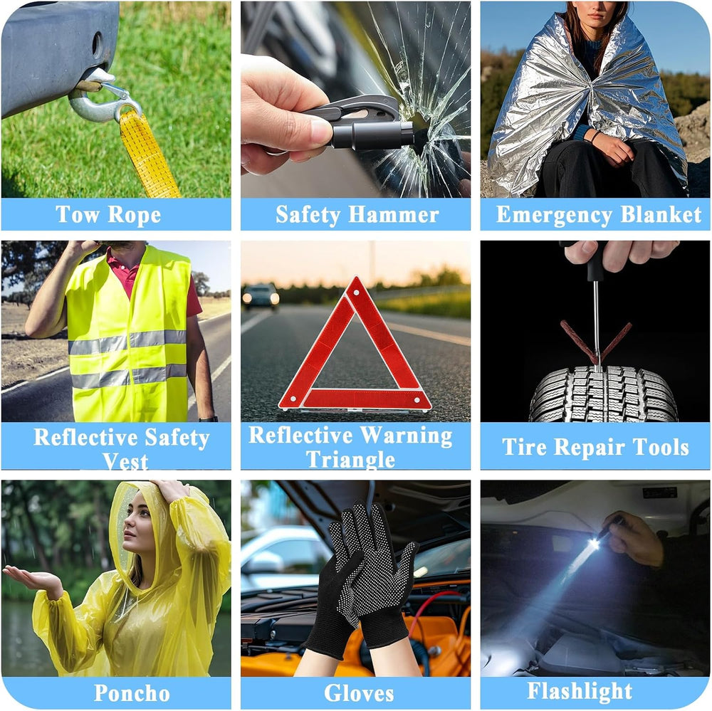 Car Emergency Roadside Kit with Scissor Jack, Air Compressor, Jumper Cables, ...