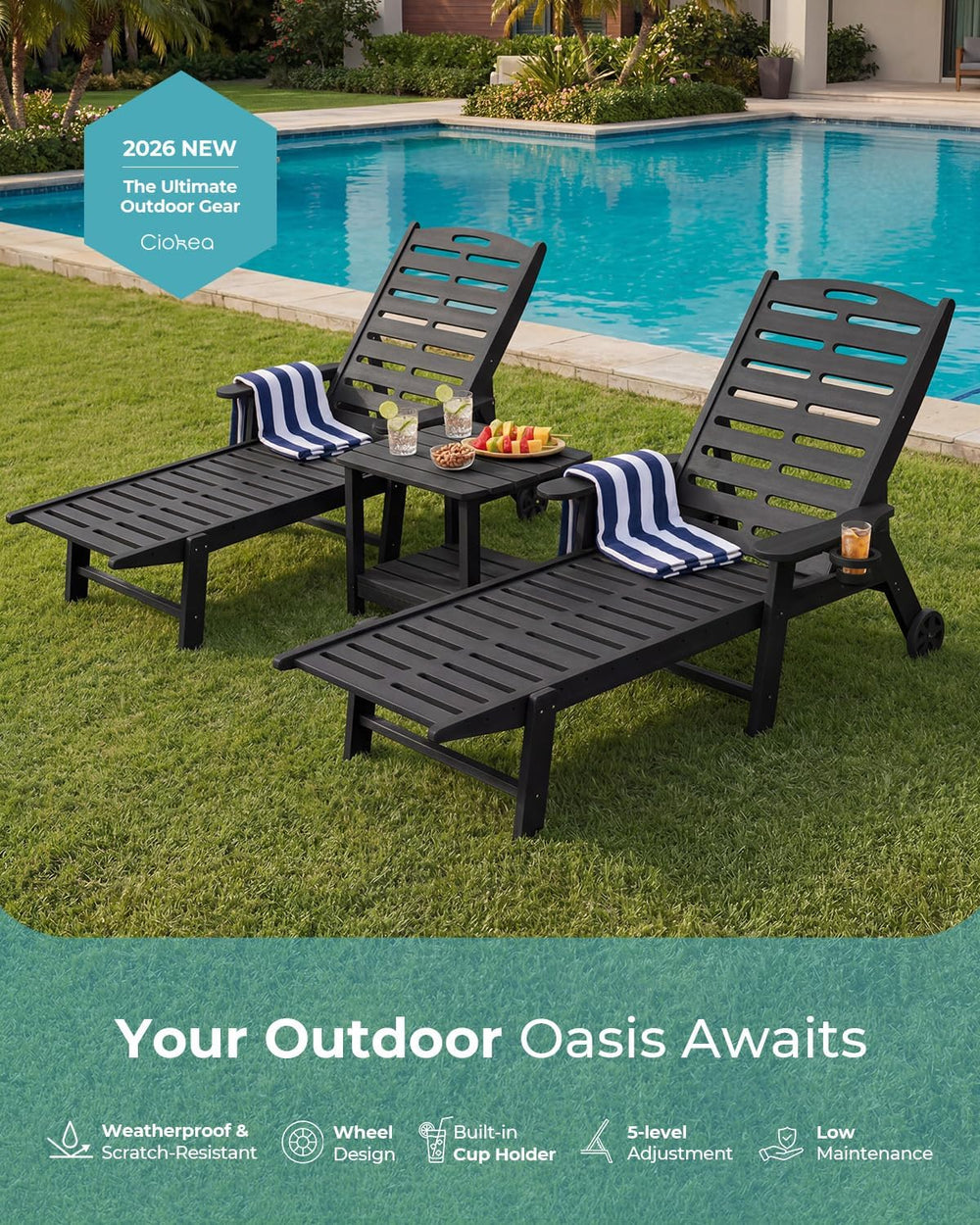 Ciokea Outdoor Chaise Lounge Chair, 5-Position Adjustable, Black