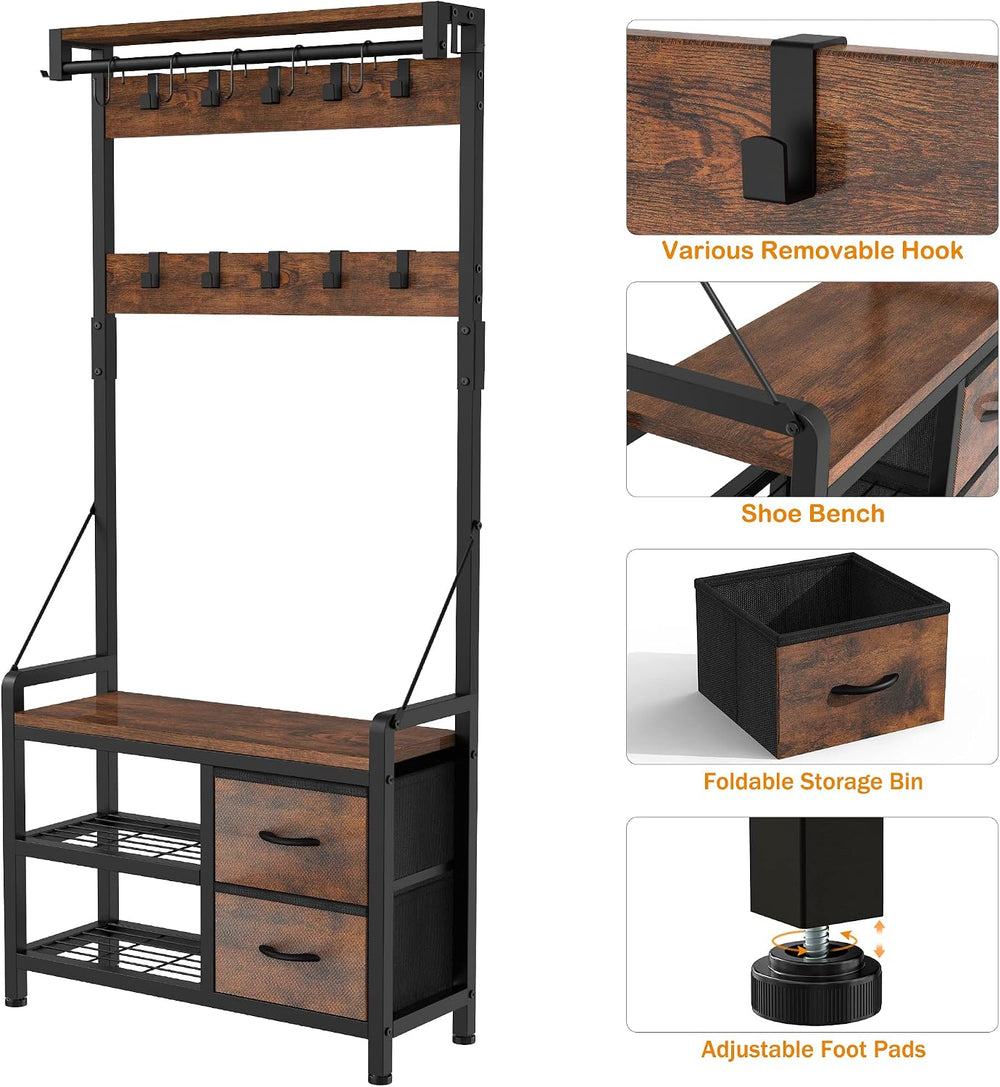 Lulive Hall Tree with Bench and Shoe Storage, 31.5” Coat Rack Freestanding