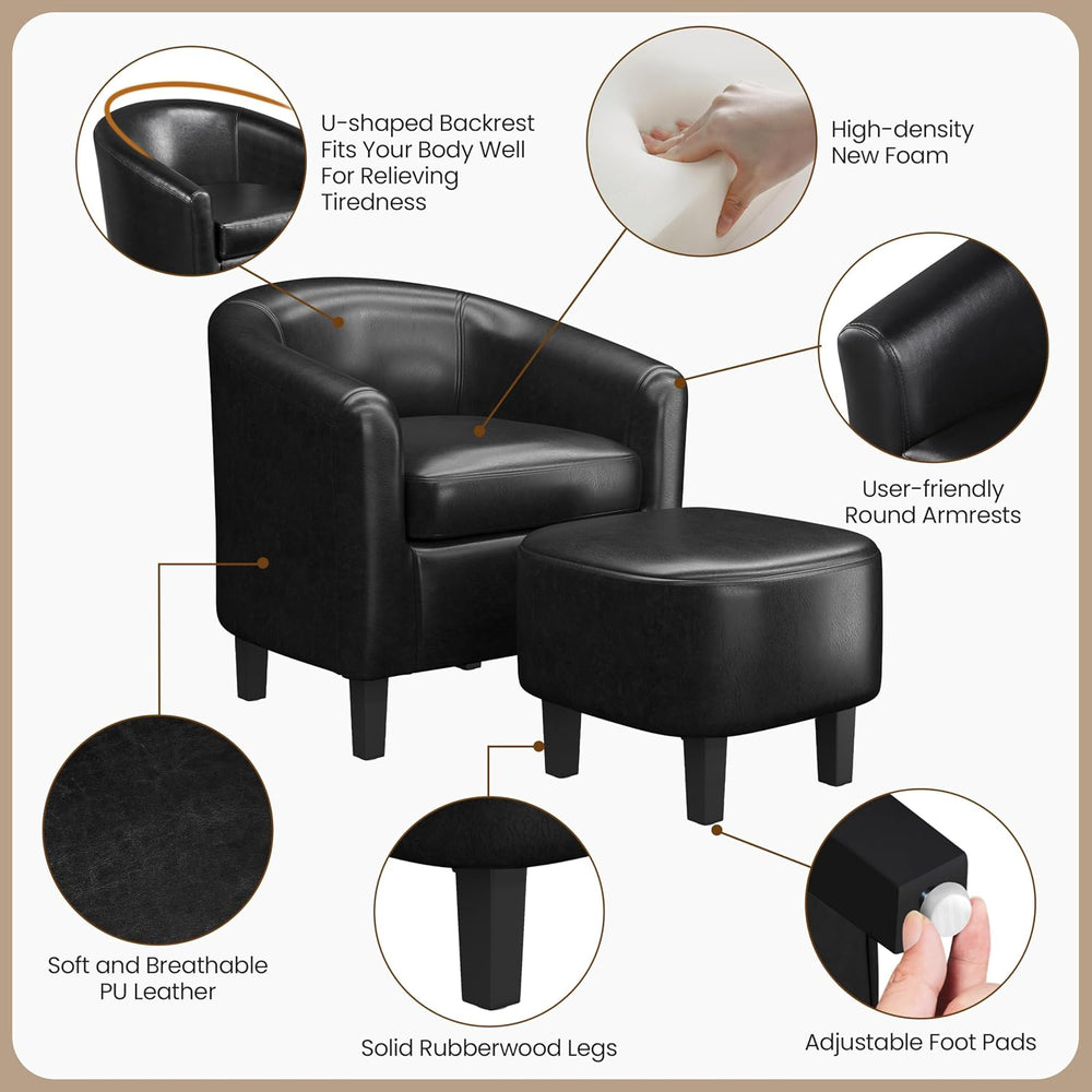 Yaheetech Accent Chairs with Ottoman, Faux Leather Barrel Chairs, Black