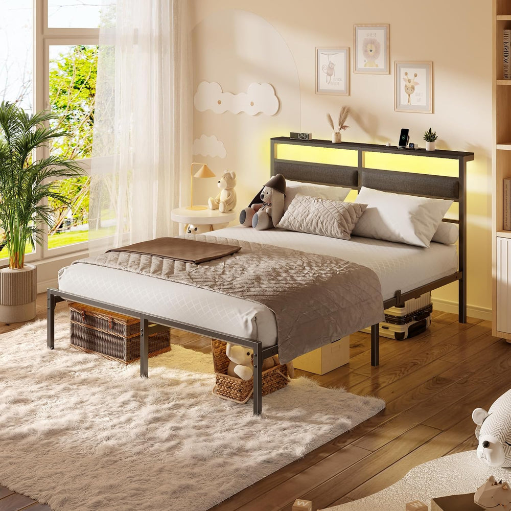 OURPIC Full Size Bed Frame with LED Lights & Charging, Black Platform Bed