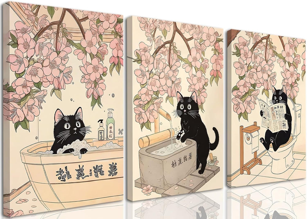 Funny Japanese Bathroom Wall Art Set of 3, Whimsical Black Cat Bathroom Wall ...