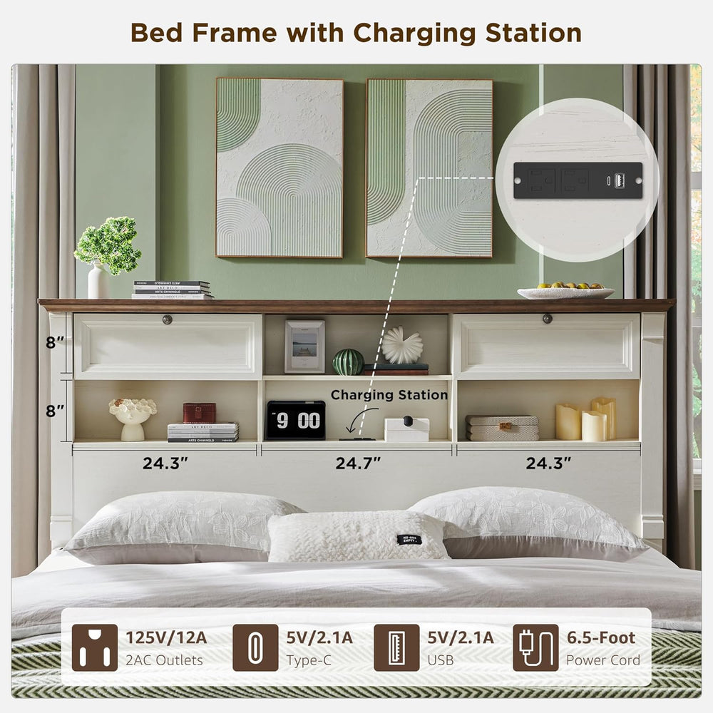 Farmhouse King Size Bed Frame with 2 Drawers & 4 Bookcases On The Headboard