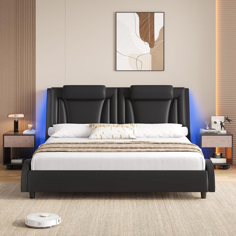 Keyluv Queen LED Upholstered Bed Frame with Adjustable Headboard, Black