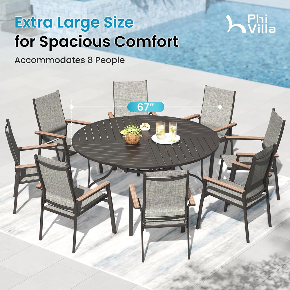 PHI VILLA Outdoor Dining Set for 8 w/Round Table & Aluminum Chairs, Grey
