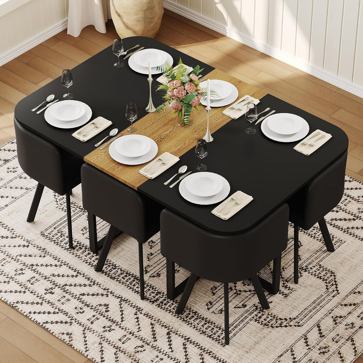 7-Piece Dining Table Set for 6,Modern Dining Table Set for 6 with Cushioned Chairs,59" Black Kitchen Table Set for Home, Apartment,Office,Conference Room,Small Spaces, Space-Saving