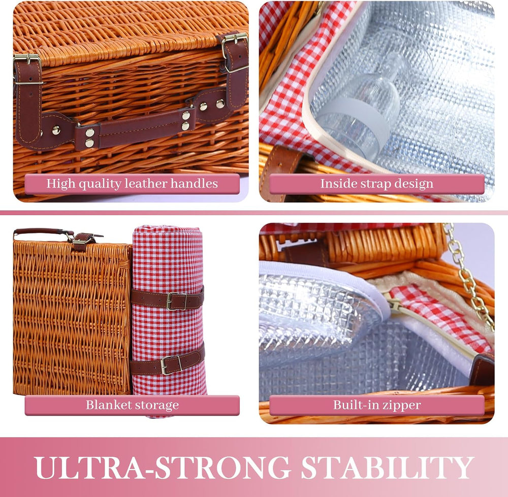 Neti Neti Wicker Picnic Basket for 4, Insulated Set with Blanket
