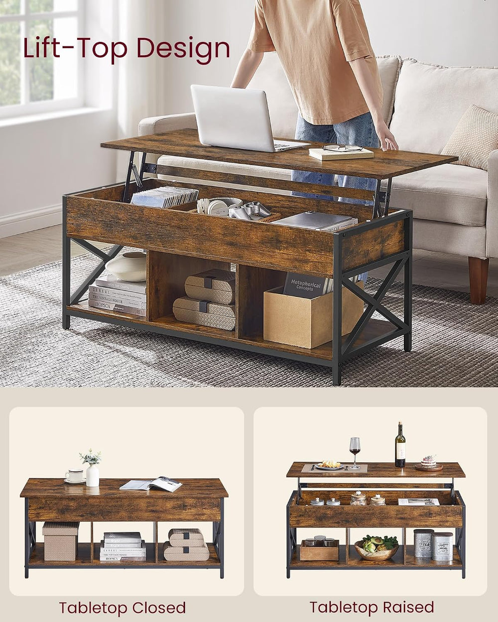 VASAGLE Lift Top Coffee Table with Storage Shelf, 3 Compartments