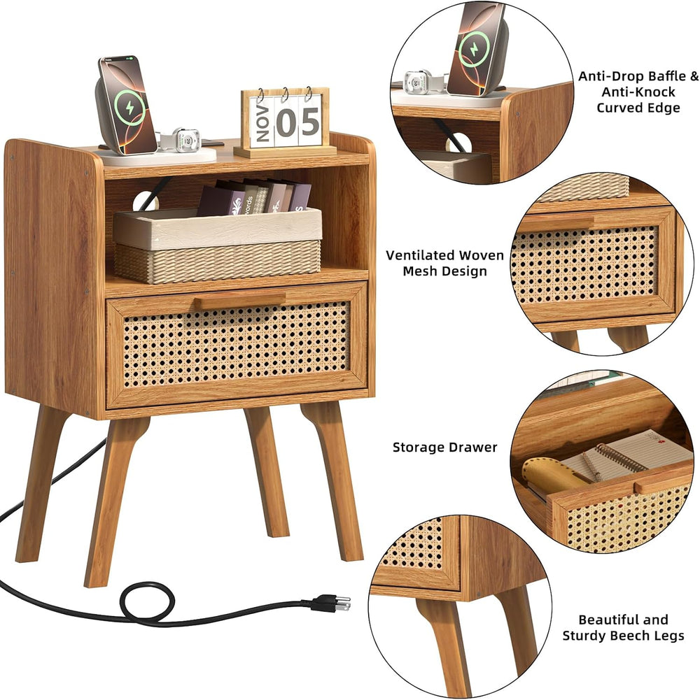 Lerliuo Rattan Nightstand with Charging Station, Side Table with Drawer