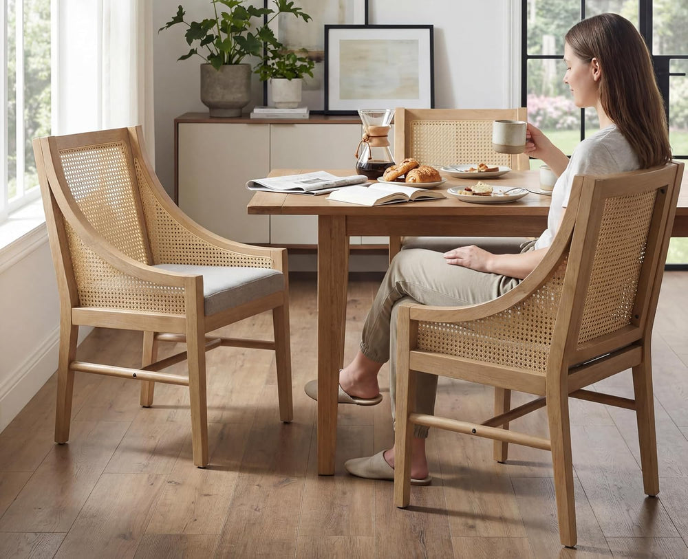CIMOTA Rattan Mid Century Farmhouse Dining Chairs Set of 4 Fabric Linen Uphol...