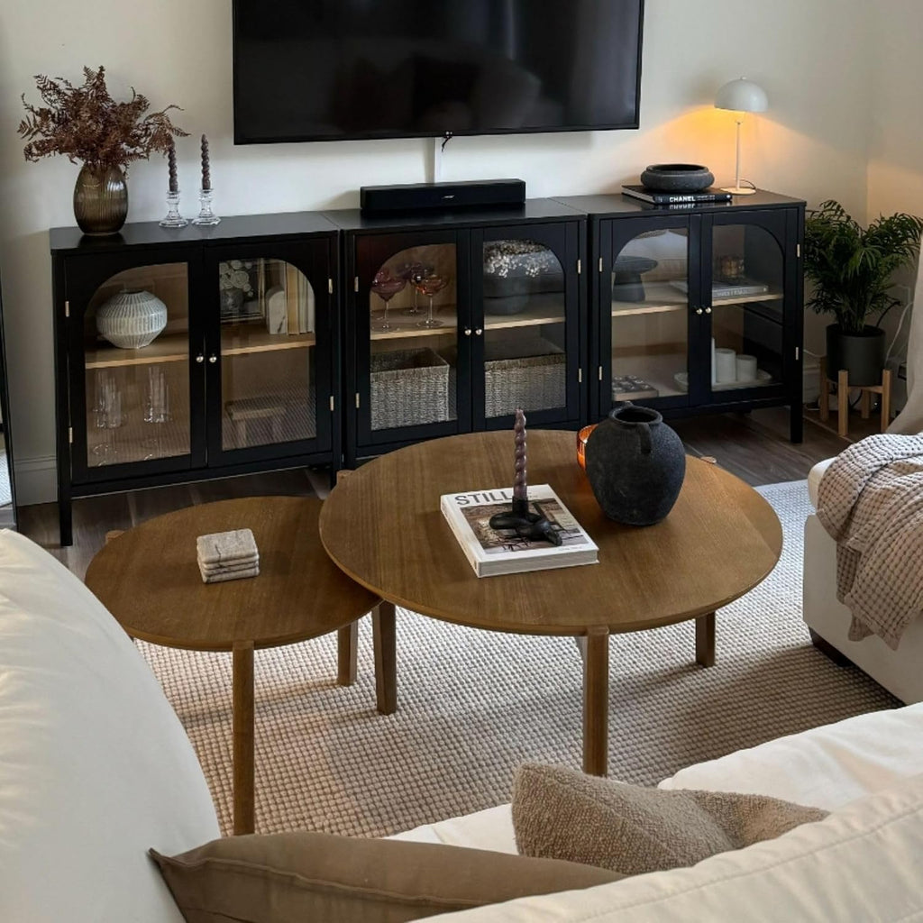 Nathan James Mason Storage Cabinet, Free Standing Accent Sideboard Buffet, Credenza with Glass Doors and Adjustable Shelf in Black Oak Wood for Dining Room, Entryway and Living Room, Clear Glass/Black