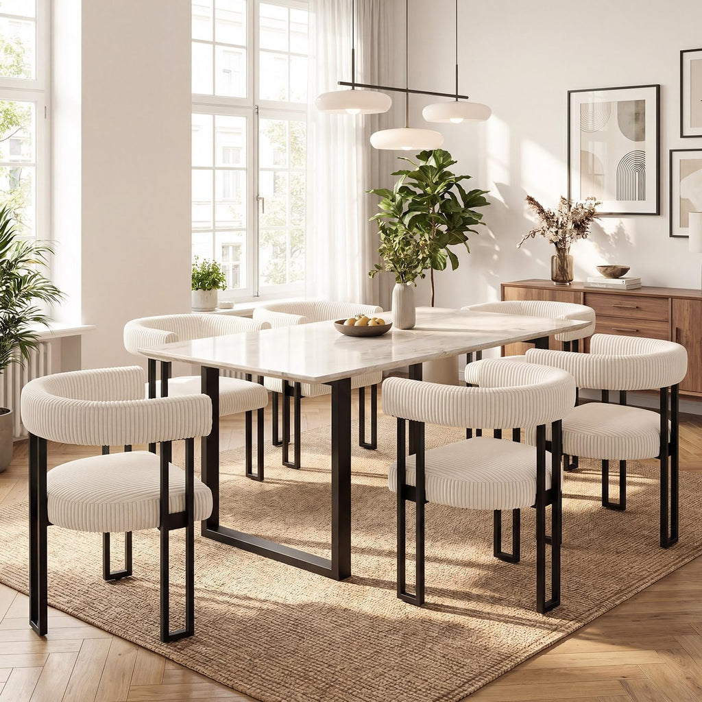 Modern Corduroy Dining Chairs Set of 6 with Metal Legs,Comfy Accent Dining Room Chairs Upholstered Kitchen Side Chairs with Curved Backrest for Dining Room Kitchen Living Room (Beige,6)