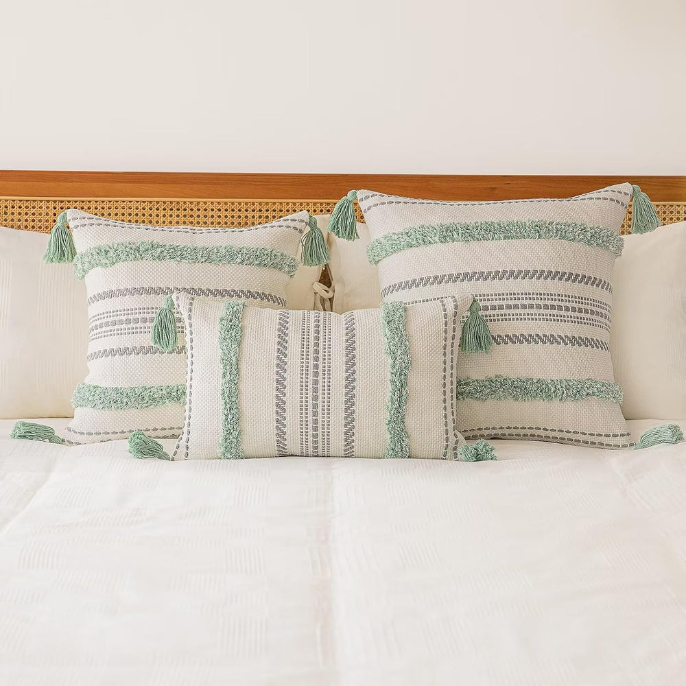 BUIOVBEY Boho Throw Pillow Covers Woven Tufted Pillow Cases with Tassels