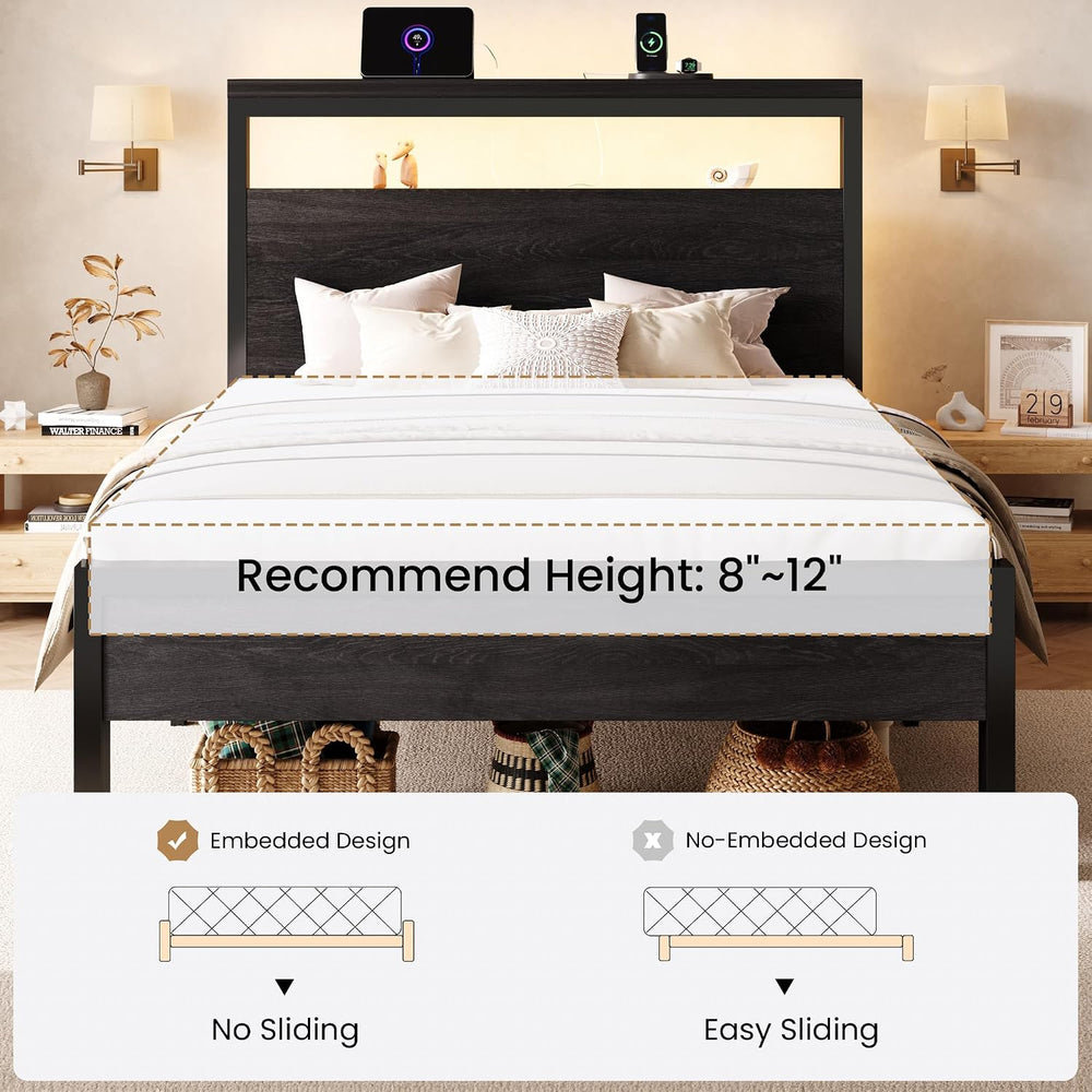 SHA CERLIN Twin Bed Frame, 2-Tier Storage Headboard, LED, Charging Station