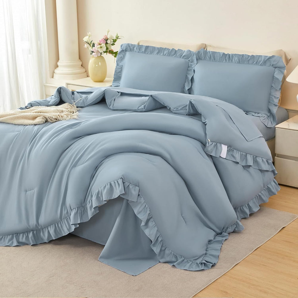 ANGIYUIN 5Pcs King Size Comforter Sets Dusty Blue Ruffle Bedding Sets