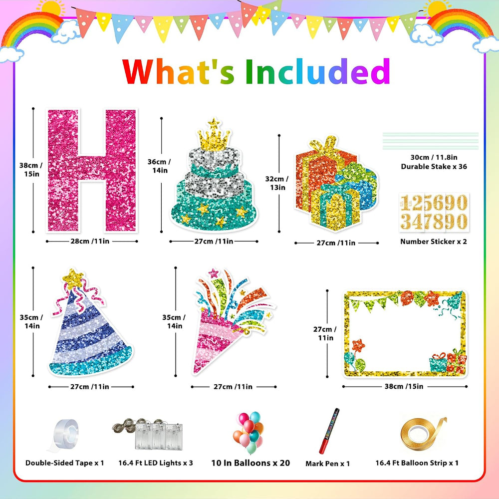18 Pcs Happy Birthday Yard Sign with 49.2 ft Led Light, Large Rainbow Happy B...