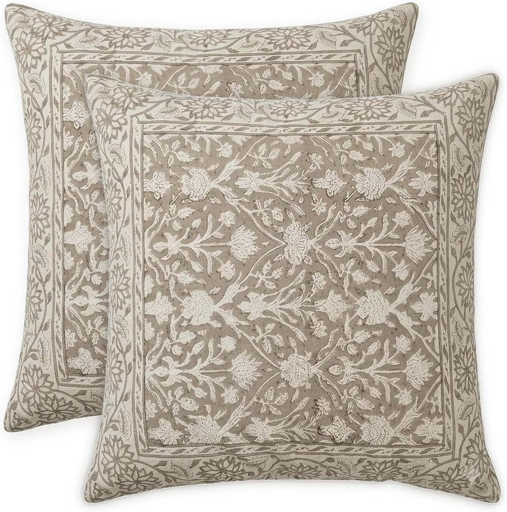 Ridhi Taupe Hand Block Print Throw Pillow Covers 18x18 Inch Set 2