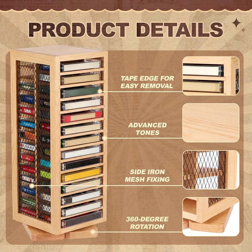 Ripeng Cassette Tape Holder, 28 Capacity 360° Rotating, Rustic Natural