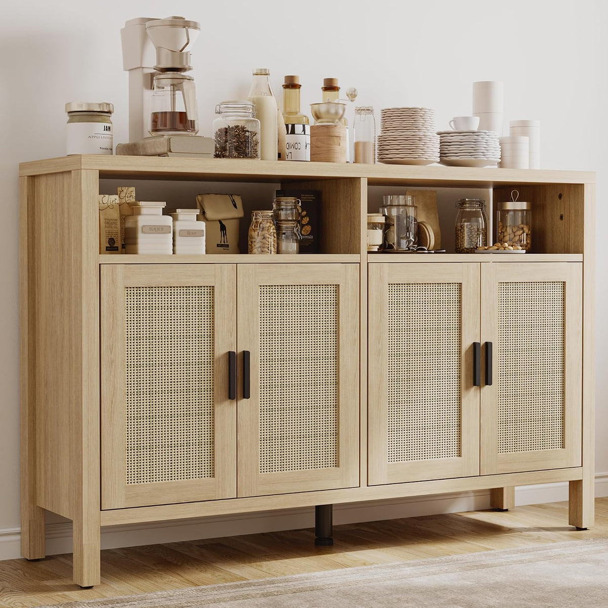 Mericonia Rattan Buffet Cabinet with Storage, Sideboard with Doors, Console Table, Farmhouse Coffee Bar, Modern Wood Storage Cabinets(Oak 2.0)
