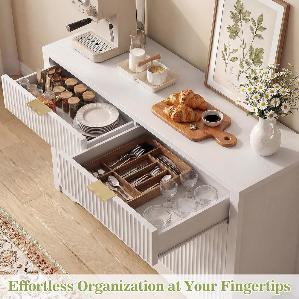 Cyclysio 55" Fluted Sideboard Buffet Cabinet with Drawers (White, 4 Doors)