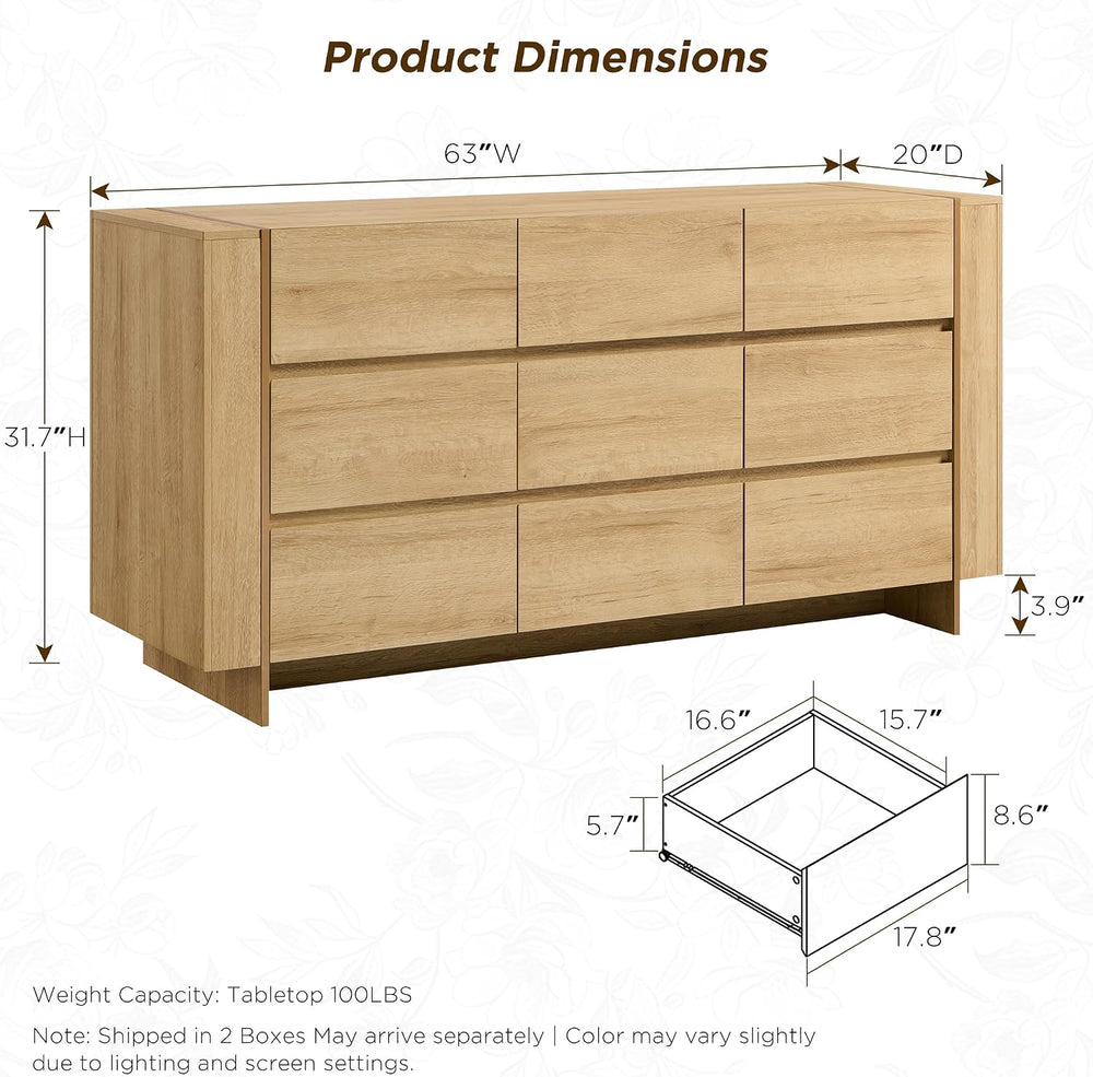 OKD 63" Modern 9 Drawer Dresser for Bedroom, 20" Depth for More Sto...