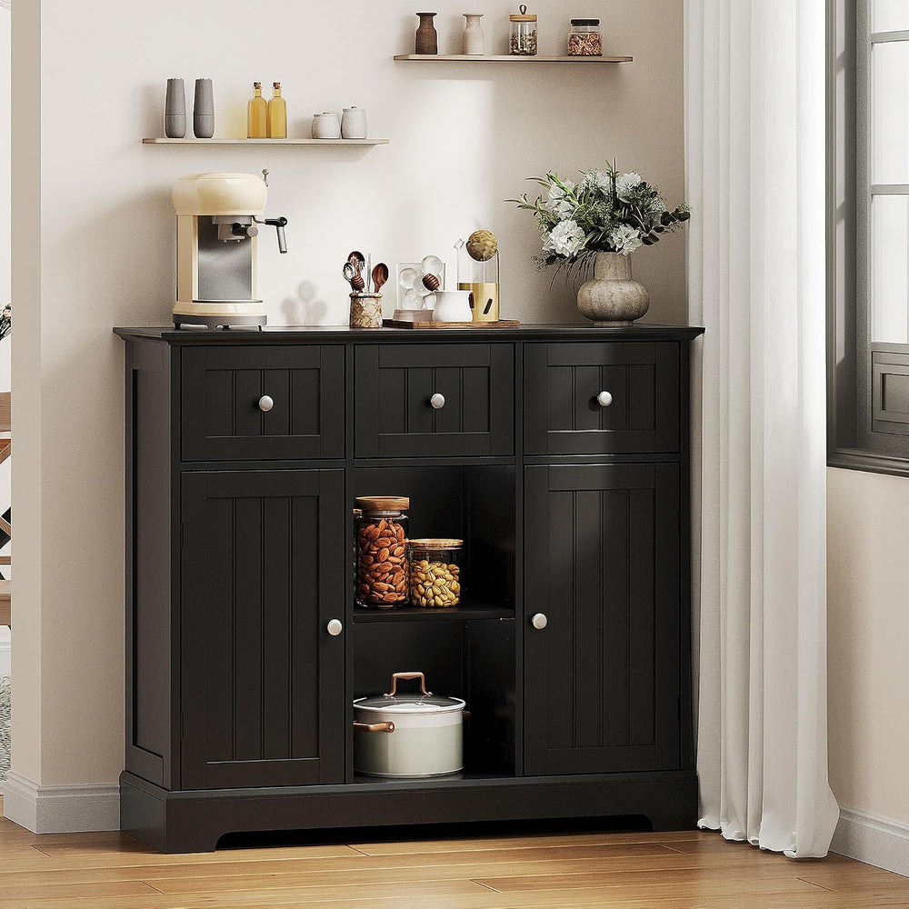 ChooChoo 35.4" Coffee Bar Cabinet with 3 Drawers and 2 Doors, Black