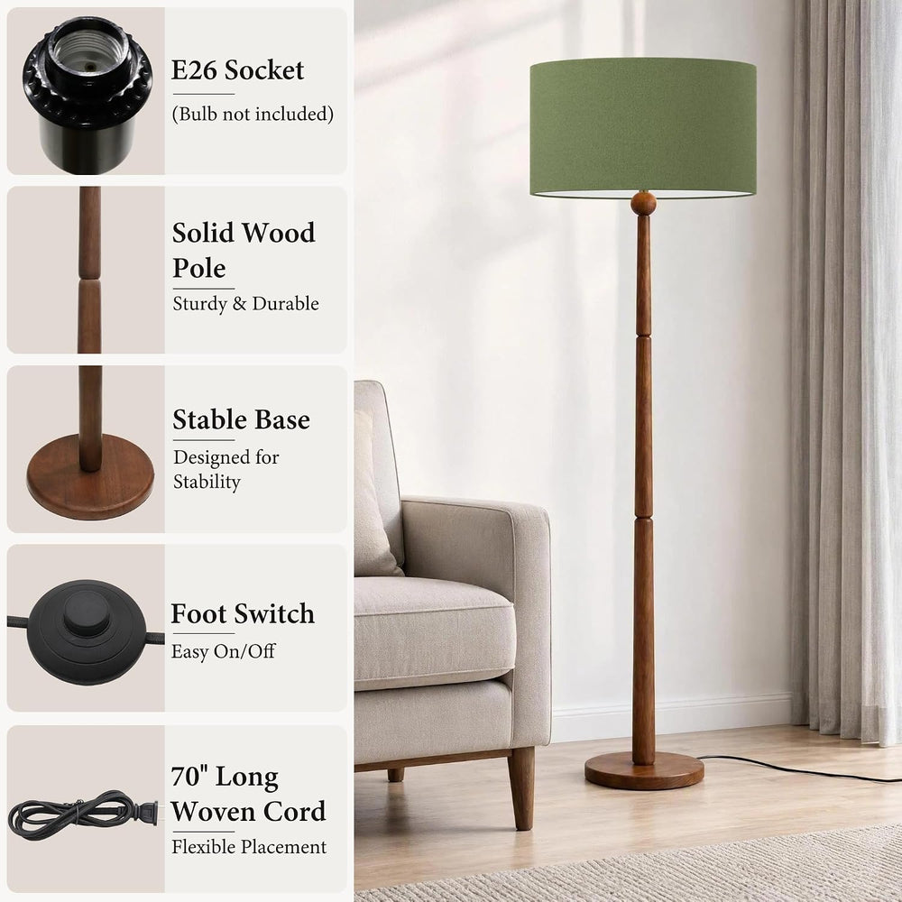 Buruis 65 Inch Single Ball Walnut Wood Floor Lamp with Linen Shade, Green