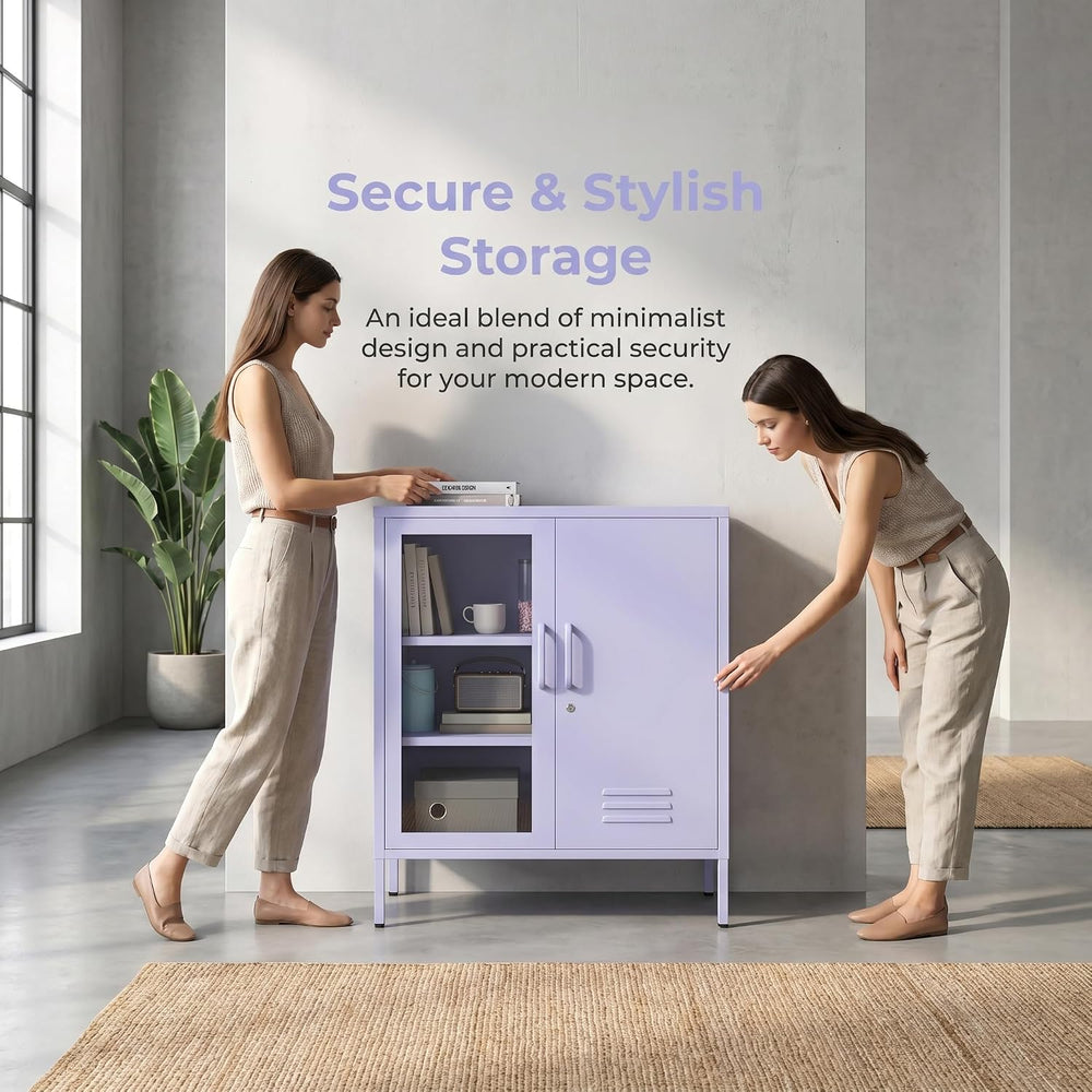 Purple Lockable Glass & Metal Door Storage Cabinet, 3-Tier Freestanding L...