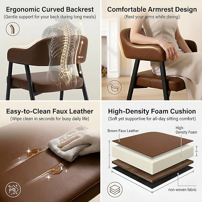 HNY Modern Dining Room Arm Chairs Set of 6, Retro Faux Leather Upholstered Barrel Dining Chairs with Arms Mid-Century Brown Accent Chair with Metal Legs, Open-Back Kitchen Side Chair for Living Room