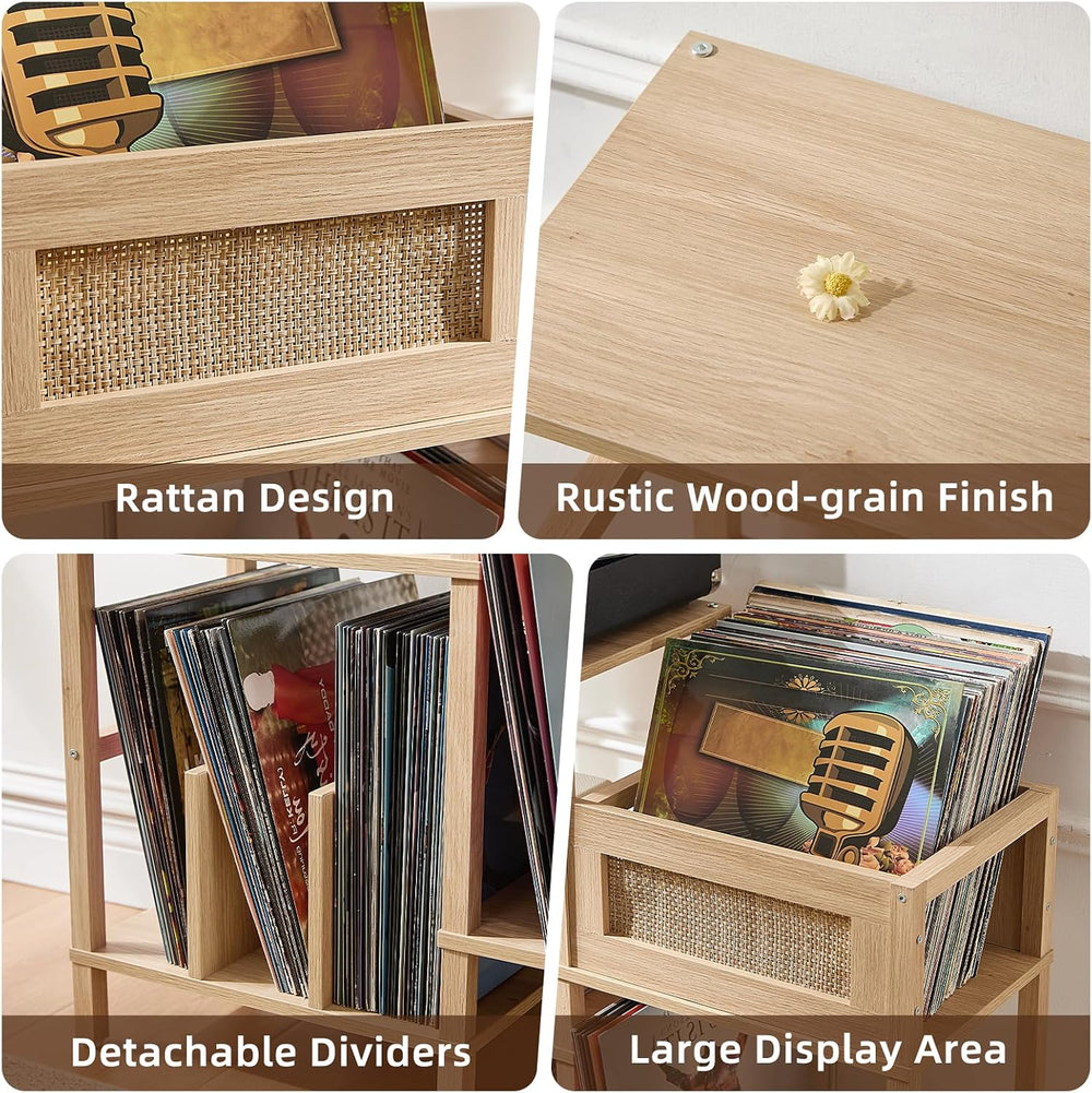 LELELINKY Record Player Stand, Natural Oak Wood Record Holder with Vinyl Stor...