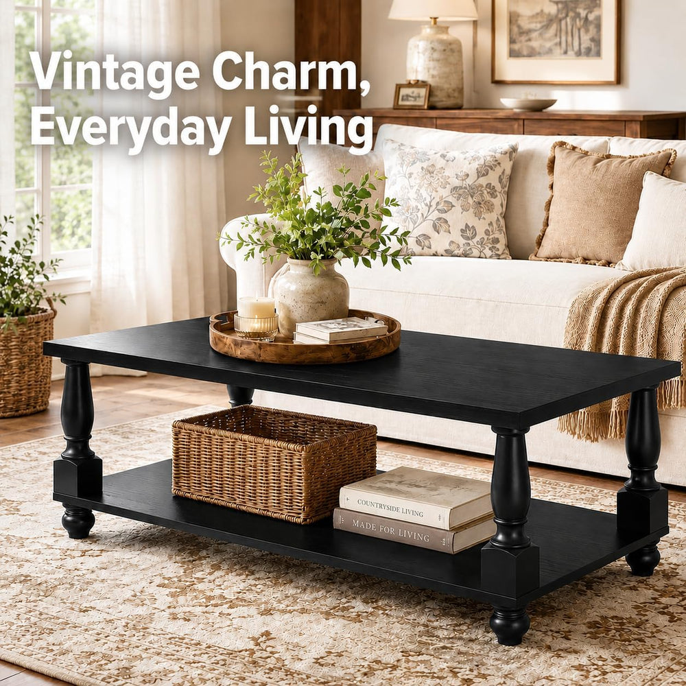 Homieasy 47" Farmhouse Coffee Table with Storage, Rectangular Wood, Black