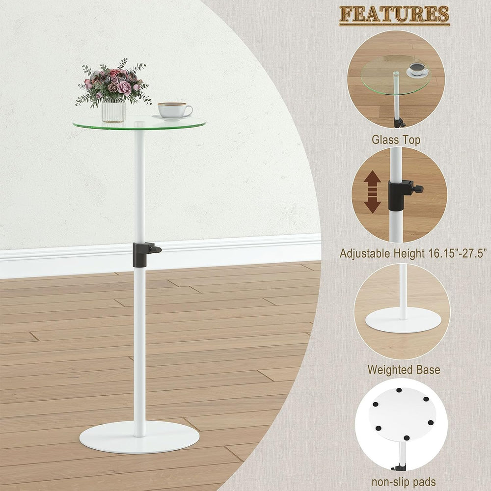 Round Side Table Set of 2, Glass End Table, Round Coffee Table, White