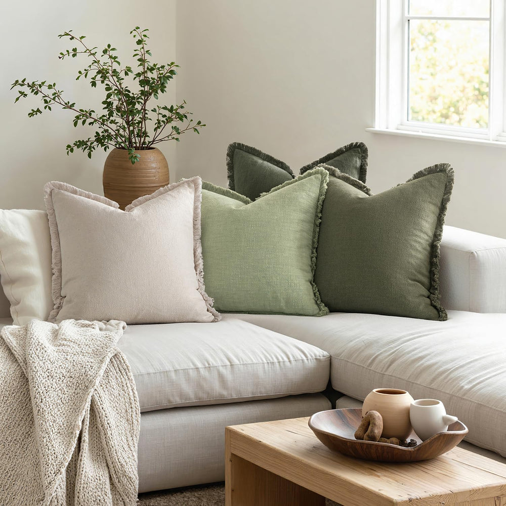 MIULEE Fall Linen Fringe Pillow Covers Set of 4 18x18 Beige/Sage Green