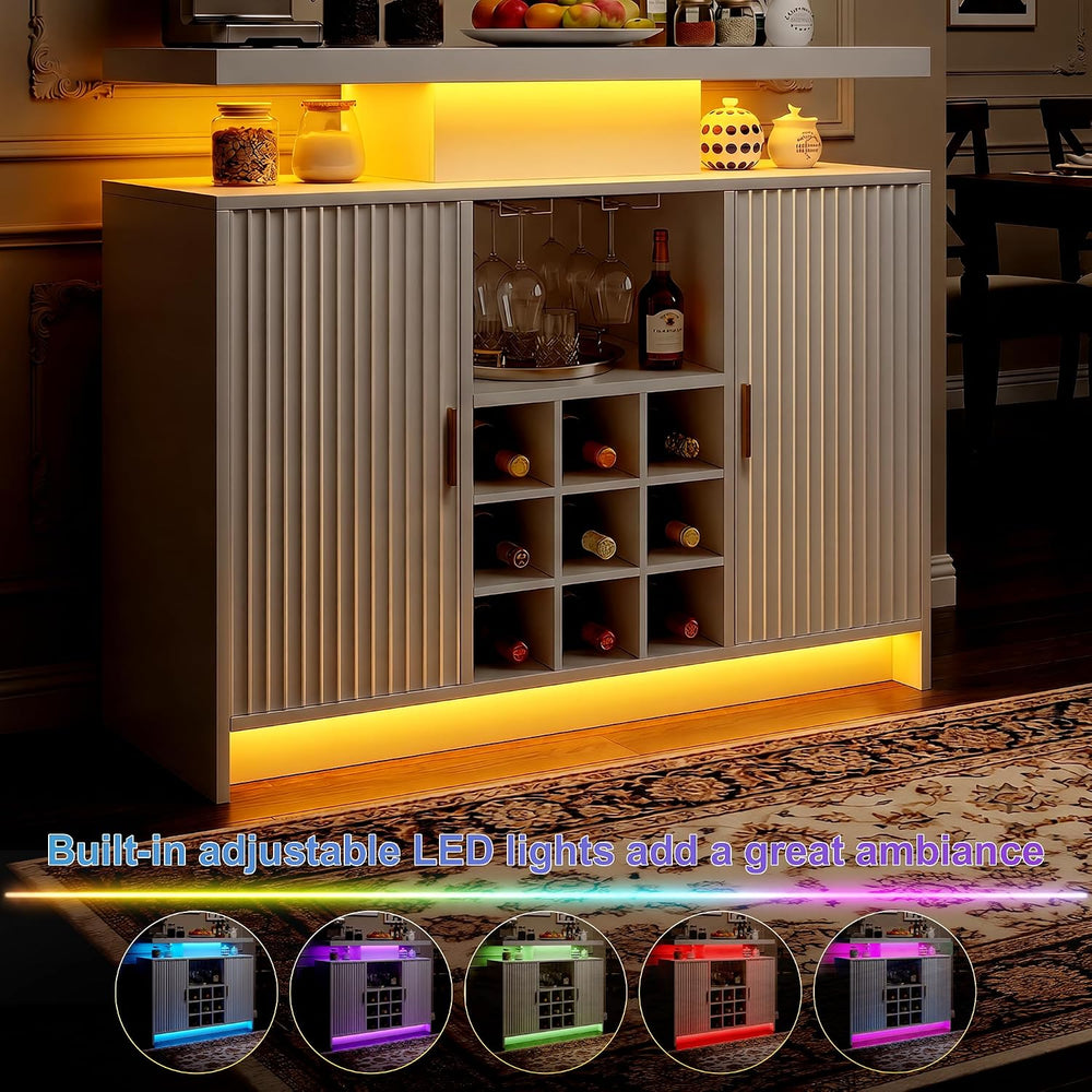 DreamDashio White Wine Cabinet, Fluted Coffee Bar with LED & Outlets