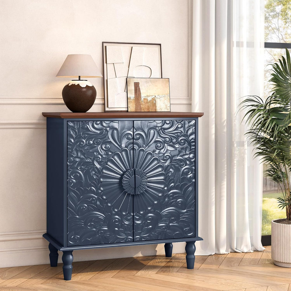 Accent Cabinet with 2 Embossed Flowers Doors for Living Room