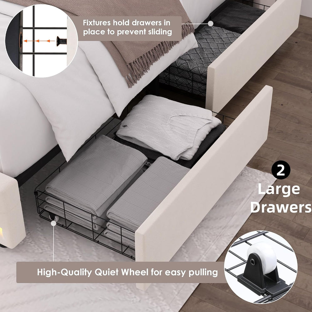 HIFIT Upholstered Queen LED Bed Frame w/Storage & Charging Headboard, Beige