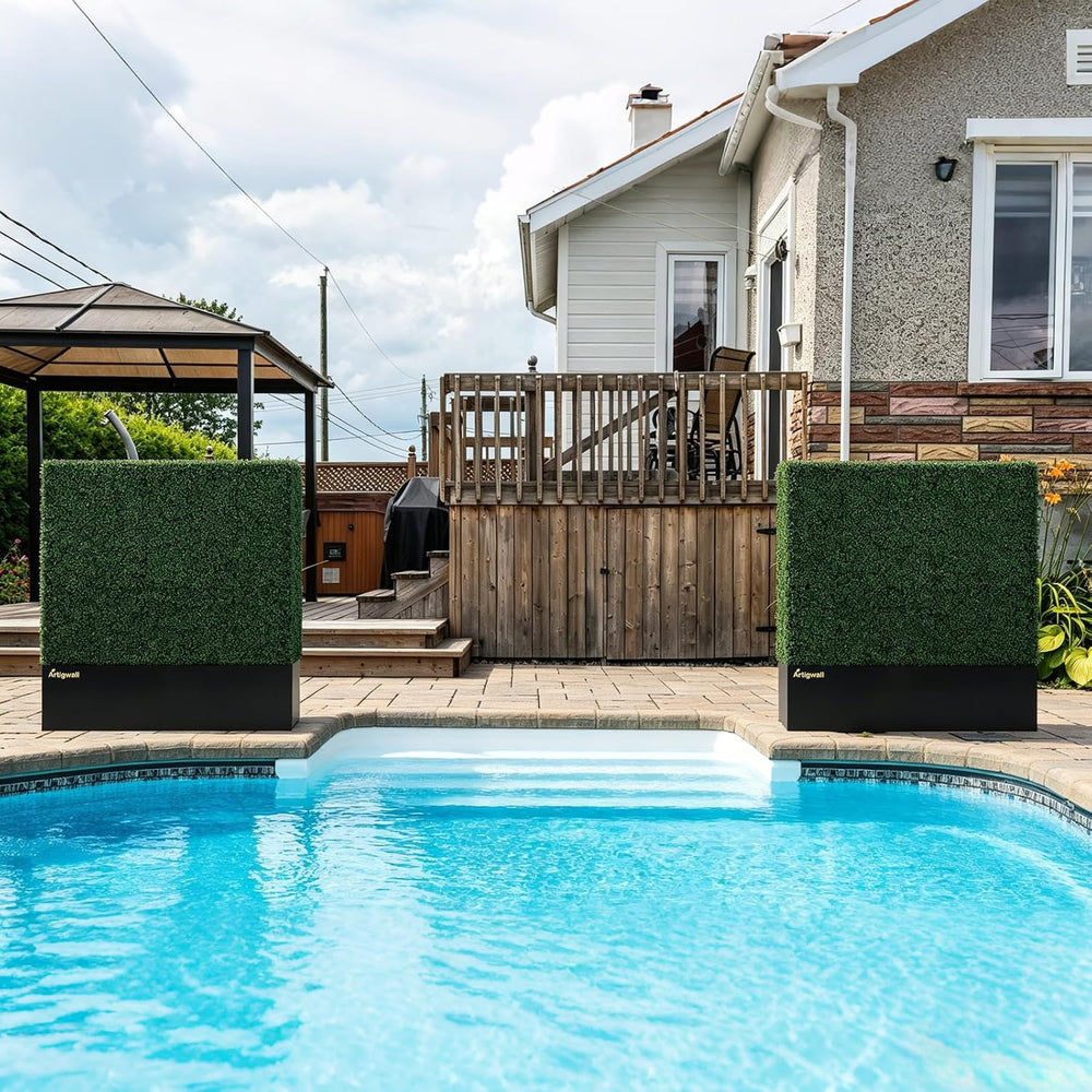 Artificial Boxwood Hedge Wall with Black Steel Planter Box