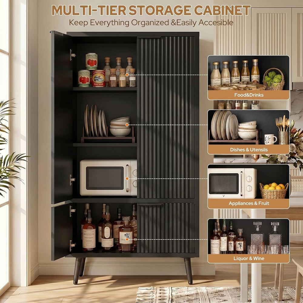 Ebony Fluted 51" Tall Wooden Kitchen Pantry Storage Cabinet Food Organiz...