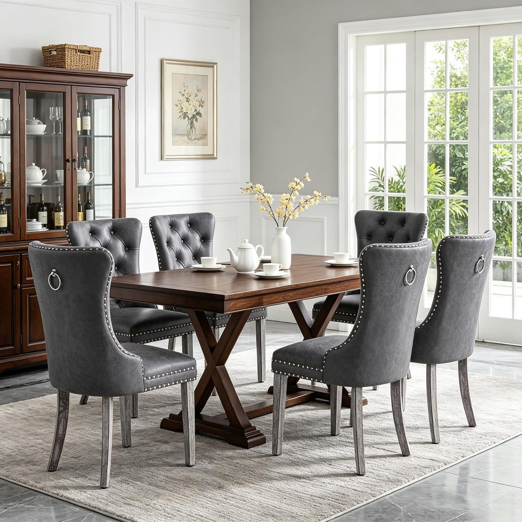 mid century modern dining chairs, gray, set of shown in use